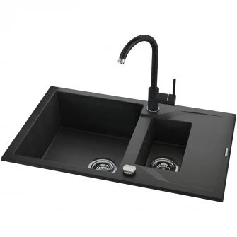 Pachet chiuveta granit cu semiscurgator si baterie Kring, compozit granit, 780x490mm, adancime 180mm, reversibila, montare pe blat, negru
