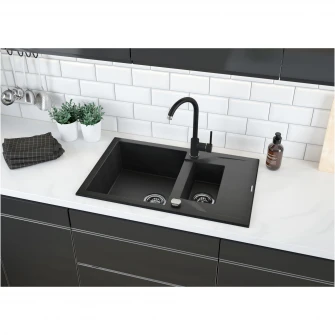 Pachet chiuveta granit cu semiscurgator si baterie Kring, compozit granit, 780x490mm, adancime 180mm, reversibila, montare pe blat, negru