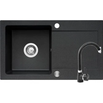 Pachet chiuveta granit Pyramis Mido + baterie Pyramis Bello, reversibila, 760x440mm, adancime cuva 170mm, Negru