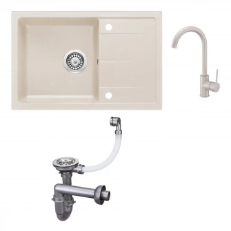 Pachet chiuveta granit scurgator si baterie Kring, compozit granit, 670x440mm, adancime 150mm, reversibila, montare pe blat, crem
