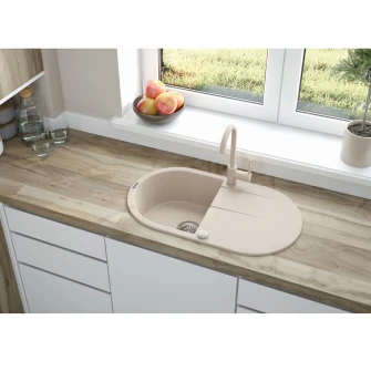Pachet chiuveta granit scurgator si baterie Kring, compozit granit, 780x440mm, adancime 180mm, reversibila, montare pe blat, crem