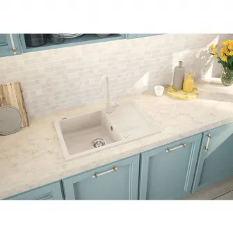 Pachet chiuveta granit scurgator si baterie Kring, compozit granit, 670x440mm, adancime 150mm, reversibila, montare pe blat, crem