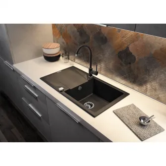 Pachet chiuveta Kring + baterie Kring Sevilla, compozit granit, 780x440mm, adancime 170mm, reversibila, montare pe blat, Negru