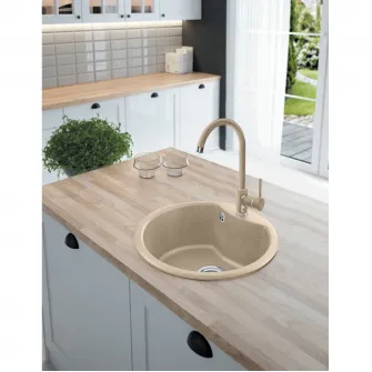 Pachet chiuveta Kring + baterie Kring Sevilla, compozit granit, 480mm, adancime 180mm, montare pe blat, Bej