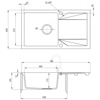 Pachet chiuveta Kring + baterie Kring Sevilla, compozit granit, 780x440mm, adancime 170mm, reversibila, montare pe blat, Negru