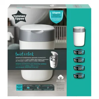 Pachet Cos pentru scutece + 4 Rezerve Tommee Tippee Sangenic Twist and Click Reciclabil, Alb/Gri