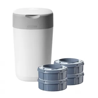 Pachet Cos pentru scutece + 4 Rezerve Tommee Tippee Sangenic Twist and Click Reciclabil, Alb/Gri