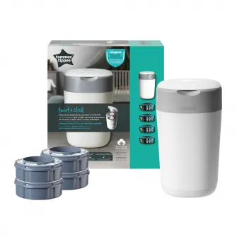 Pachet Cos pentru scutece + 4 Rezerve Tommee Tippee Sangenic Twist and Click Reciclabil, Alb/Gri