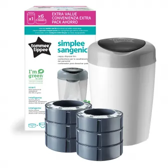 Pachet Cos pentru scutece + 6 Rezerve Tommee Tippee Sangenic Simplee Reciclabil, Alb/Gri