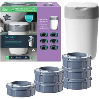 Pachet Cos pentru scutece + 6 Rezerve Tommee Tippee Sangenic Twist and Click Reciclabil, Alb/Gri