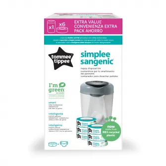 Pachet Cos pentru scutece + 6 Rezerve Tommee Tippee Sangenic Simplee Reciclabil, Alb/Gri