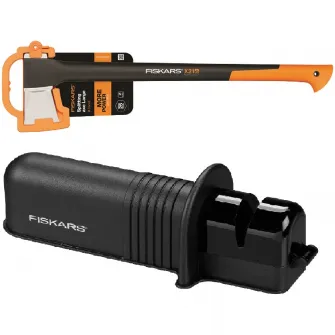 Pachet Fiskars Topor pentru despicat X21-L, 775 mm lungime, 1.6 kg + Dispozitiv pentru ascutit topoare si cutite, 155 mm lungime