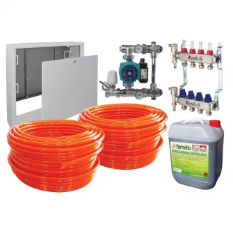 Pachet incalzire prin pardoseala Fornello, 40 mp, Teava PE-RT, Distribuitor-Colector, Grup de amestec fara pompa, Niplu redus 1-1/4'' - 1'', Pompa de recirculare, Cutie distribuitor, Aditiv sapa