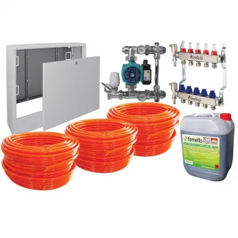 Pachet incalzire prin pardoseala Fornello, 60 mp, Teava PE-RT, Distribuitor-Colector, Grup de amestec fara pompa, Niplu redus 1-1/4'' - 1'', Pompa de recirculare, Cutie distribuitor, Aditiv sapa