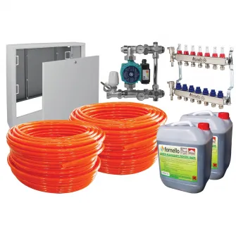 Pachet incalzire prin pardoseala Fornello, 70 mp, Teava PE-RT, Distribuitor-Colector, Grup de amestec fara pompa, Niplu redus 1-1/4'' - 1'', Pompa de recirculare, Cutie distribuitor, Aditiv sapa