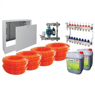 Pachet incalzire prin pardoseala Fornello, 80 mp, Teava PE-RT, Distribuitor-Colector, Grup de amestec fara pompa, Niplu redus 1-1/4'' - 1'', Pompa de recirculare, Cutie distribuitor, Aditiv sapa