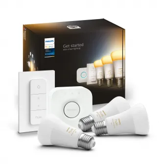 Pachet kit baza 3 becuri LED Philips Hue, Bluetooth, Zigbee, A60, E27, 8W (75W), 806 lm, lumina alba (2200-6500K) + Consola Hue Bridge + Intrerupator