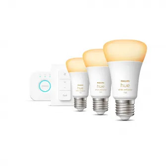 Pachet kit baza 3 becuri LED Philips Hue, Bluetooth, Zigbee, A60, E27, 8W (75W), 806 lm, lumina alba (2200-6500K) + Consola Hue Bridge + Intrerupator