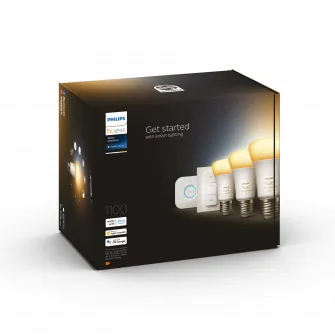 Pachet kit baza 3 becuri LED Philips Hue, Bluetooth, Zigbee, A60, E27, 8W (75W), 806 lm, lumina alba (2200-6500K) + Consola Hue Bridge + Intrerupator