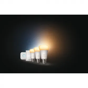 Pachet kit baza 3 becuri LED Philips Hue, Bluetooth, Zigbee, A60, E27, 8W (75W), 806 lm, lumina alba (2200-6500K) + Consola Hue Bridge + Intrerupator