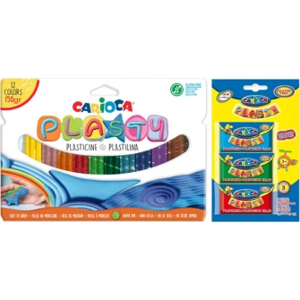 Pachet Plastilina Carioca Plasty 12 culori, 150 gr + Plastilina Carioca 3 buc/set, 3 x 60gr