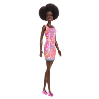 Papusa Barbie, creola, cu rochita roz, par afro