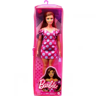 Papusa Barbie Fashionistas - Barbie satena cu rochie roz cu buline