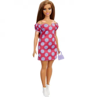 Papusa Barbie Fashionistas - Barbie satena cu rochie roz cu buline