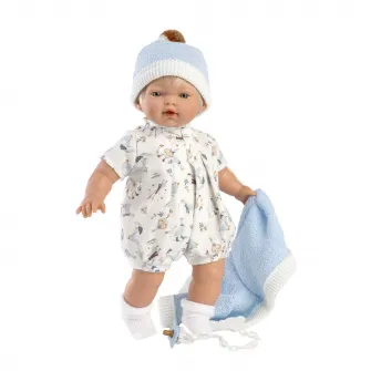 Papusa interactiva Llorens - Roberto, salopeta cu animalute, cu sunete, 33 cm