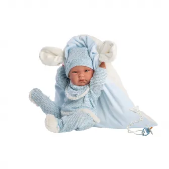 Papusa interactiva Llorens Smooth skin - Baby Nico, cu paturica albastra, 38 cm