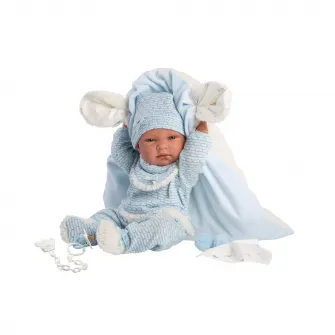 Papusa interactiva Llorens Smooth skin - Baby Nico, cu paturica albastra, 38 cm