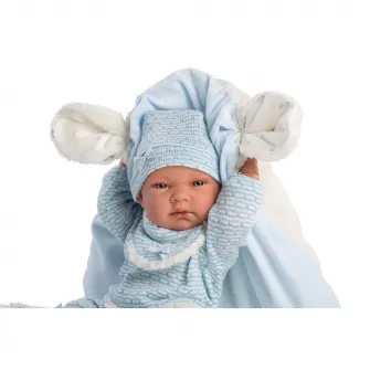 Papusa interactiva Llorens Smooth skin - Baby Nico, cu paturica albastra, 38 cm