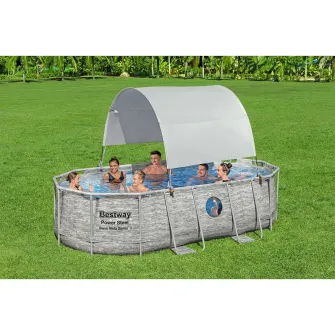 Parasolar piscina Bestway, structura din fibra de sticla/otel, poliester, protectie solara UPF 40, compatibil cu piscine dreptunghiulare si ovale cu cadru metalic, cu dimensiuni de 210-340 cm, crem