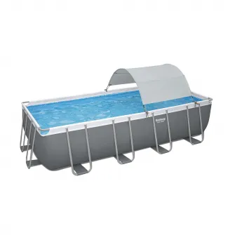 Parasolar piscina Bestway, structura din fibra de sticla/otel, poliester, protectie solara UPF 40, compatibil cu piscine dreptunghiulare si ovale cu cadru metalic, cu dimensiuni de 210-340 cm, crem