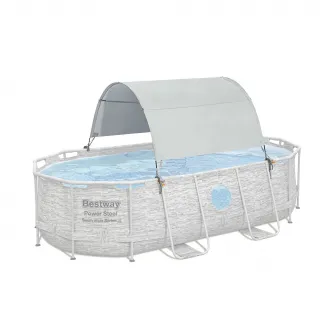 Parasolar piscina Bestway, structura din fibra de sticla/otel, poliester, protectie solara UPF 40, compatibil cu piscine dreptunghiulare si ovale cu cadru metalic, cu dimensiuni de 210-340 cm, crem