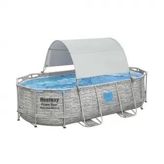 Parasolar piscina Bestway, structura din fibra de sticla/otel, poliester, protectie solara UPF 40, compatibil cu piscine dreptunghiulare si ovale cu cadru metalic, cu dimensiuni de 210-340 cm, crem