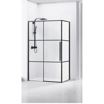 Paravan de dus dreptunghiular Belform Infinity 27CB1804, 1 usa culisanta, geam 6mm, cu dungi negre, profil negru mat, 120x80x200 cm