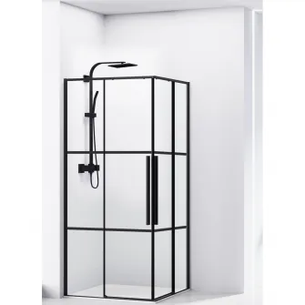 Paravan de dus patrat Belform Infinity 27CB1814, 2 usi culisante, geam 6mm, cu dungi negre, profil negru mat, 80x80x200 cm