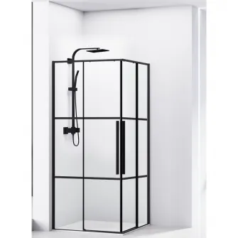 Paravan de dus patrat Belform Infinity 27CB1914, 2 usi culisante, geam 6mm, cu dungi negre, profil negru mat, 90x90x200 cm