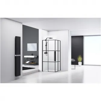 Paravan de dus patrat Belform Infinity 27CB1914, 2 usi culisante, geam 6mm, cu dungi negre, profil negru mat, 90x90x200 cm