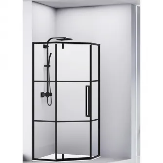 Paravan de dus pentagonal Belform Infinity 27CB2834, 1 usa batanta, geam 6mm, cu dungi negre, profil negru mat, 80x80x200 cm