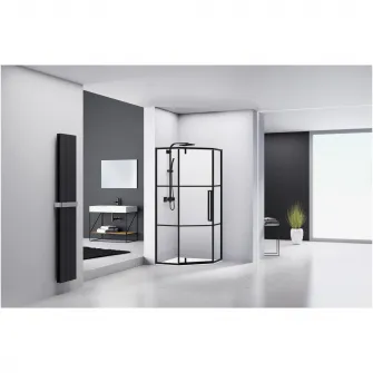 Paravan de dus pentagonal Belform Infinity 27CB2834, 1 usa batanta, geam 6mm, cu dungi negre, profil negru mat, 80x80x200 cm