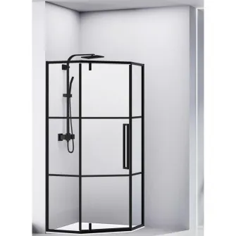 Paravan de dus pentagonal Belform Infinity 27CB2934, 1 usa batanta, geam 6mm, cu dungi negre, profil negru mat, 90x90x200 cm