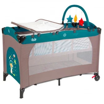 Patut pliant Juju Sleepy Baby, 2 nivele, Space Doggy, Bej/Verde