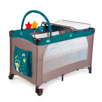 Patut pliant Juju Sleepy Baby, 2 nivele, Space Doggy, Bej/Verde