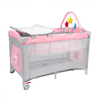 Patut pliant voiaj pentru bebelusi si copii Juju Sleepy Baby, 2 nivele, portabil, 125x65 cm, etaj intermediar nou-nascuti, bara cu jucarii, masa de infasat, salteluta, buzunar lateral, geanta transport, Hunny Bunny, Roz/Gri