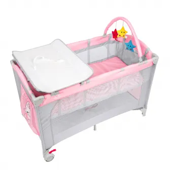 Patut pliant voiaj pentru bebelusi si copii Juju Sleepy Baby, 2 nivele, portabil, 125x65 cm, etaj intermediar nou-nascuti, bara cu jucarii, masa de infasat, salteluta, buzunar lateral, geanta transport, Hunny Bunny, Roz/Gri