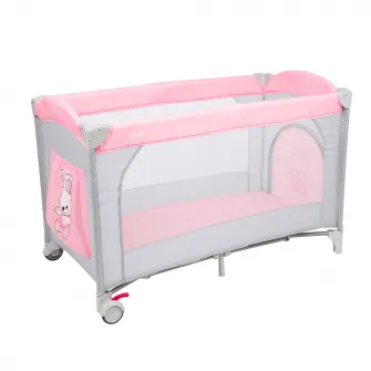 Patut pliant voiaj pentru bebelusi si copii Juju Sleepy Baby, 2 nivele, portabil, 125x65 cm, etaj intermediar nou-nascuti, bara cu jucarii, masa de infasat, salteluta, buzunar lateral, geanta transport, Hunny Bunny, Roz/Gri