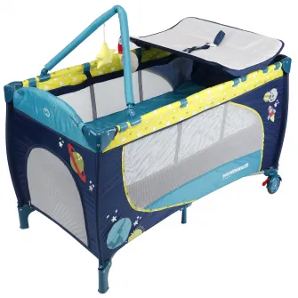 Patut pliant Wunderkid Space, 2 nivele, cu masa de infasat si arcada cu jucarii, Bleumarin/Verde