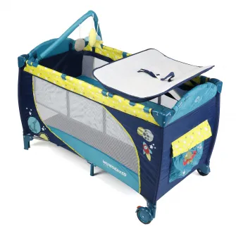 Patut pliant Wunderkid Space, 2 nivele, cu masa de infasat si arcada cu jucarii, Bleumarin/Verde